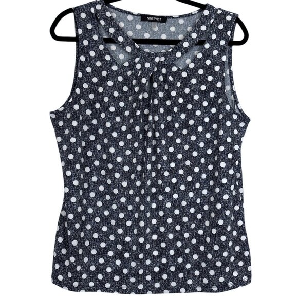 Nine West Sleeveless Polka Dot Blouse Women’s Large Navy/Black White Retro‎ Chic - Picture 1 of 14